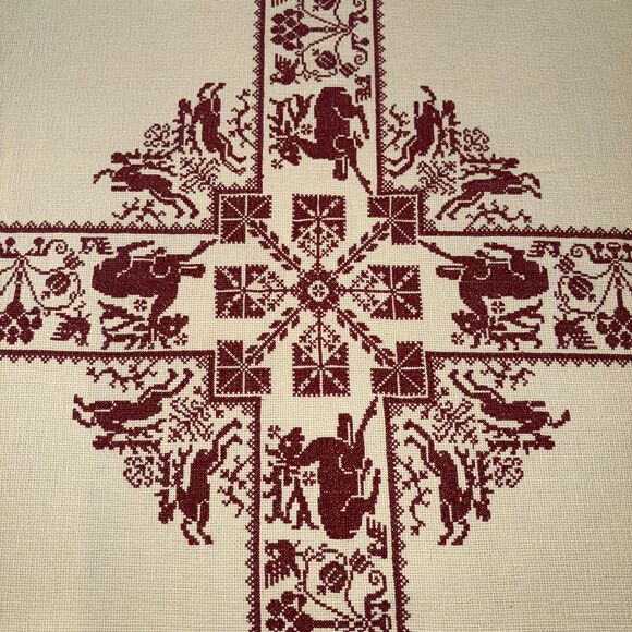 Vintage Christmas Tablecloth Nordic Red Cross Stitch 116x65” Cream Holiday Folk - Picture 2 of 16